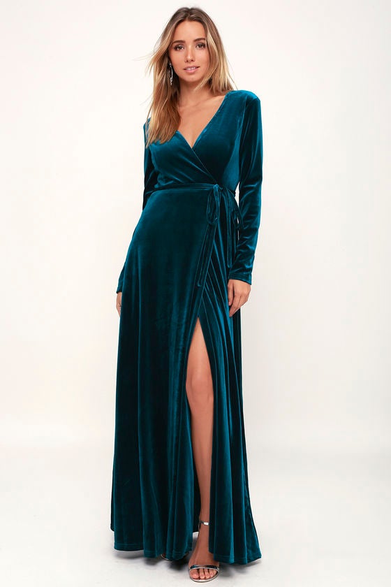 Lulus + Jacinda Teal Blue Velvet Wrap Maxi Dress